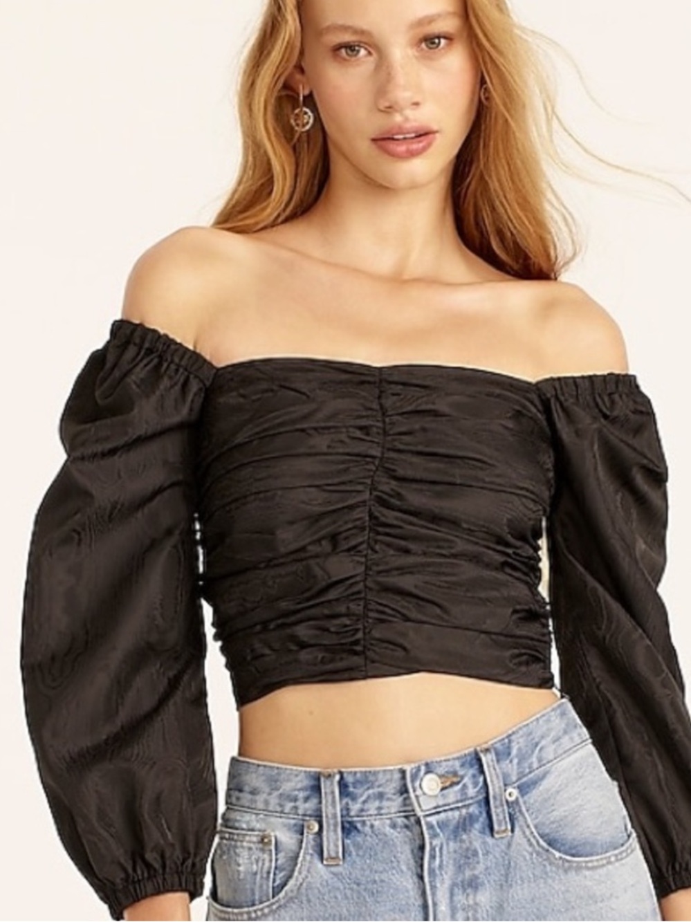 NWT JCrew Ruched Puff-Sleeve Cropped Top Blouse Size 4 Black $118 BD809